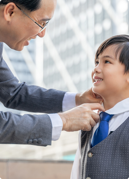 father made collar suit his son business district urban